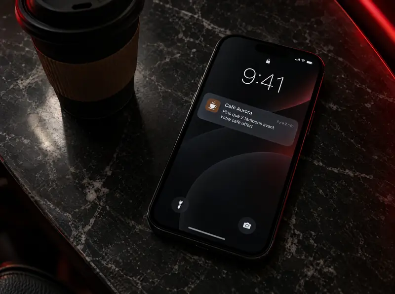 Écran verrouillé d’un téléphone avec la notification « Plus que 2 tampons avant votre café offert ».
