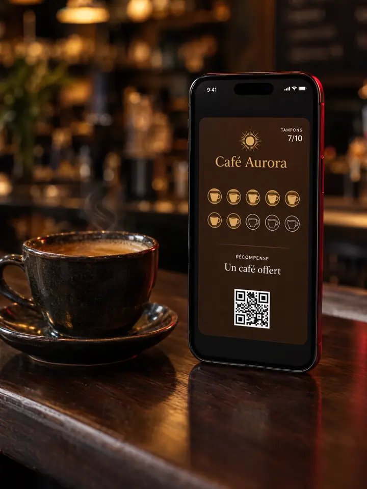 Téléphone sur le comptoir d’un café, avec la carte fidélité « Café Aurora » ouverte : 7 tampons sur 10, la récompense et un code QR.