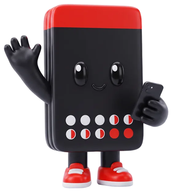Passo, la mascotte de Krealo Wallet : une carte fidélité noire souriante qui salue, un téléphone à la main